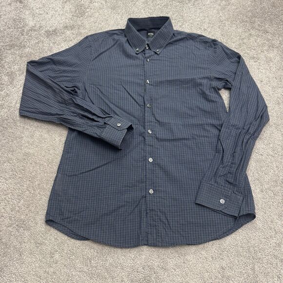 Boss Hugo Boss Fitted Button Down Shirt Men Medium Blue Plaid Long Sleeve Cotton - Picture 1 of 16